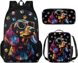 Pinupub Kids 3 Piece School Bag Sets Cool Sunglasses Labrador Print 17 Inch Backpack With Insulated Lunch Bag Zipper Pen Bag For Boys