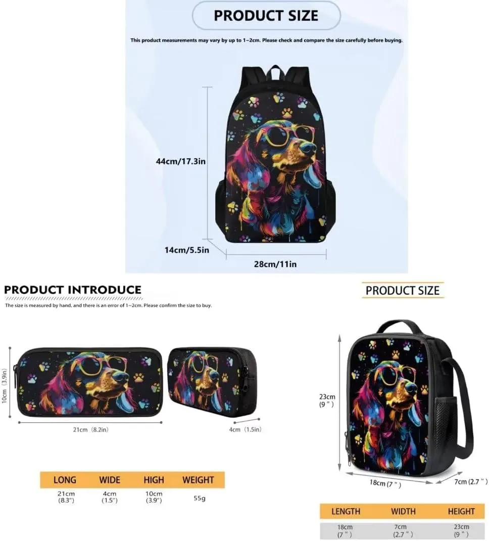 Pinupub Kids 3 Piece School Bag Sets Cool Sunglasses Labrador Print 17 Inch Backpack With Insulated Lunch Bag Zipper Pen Bag For Boys