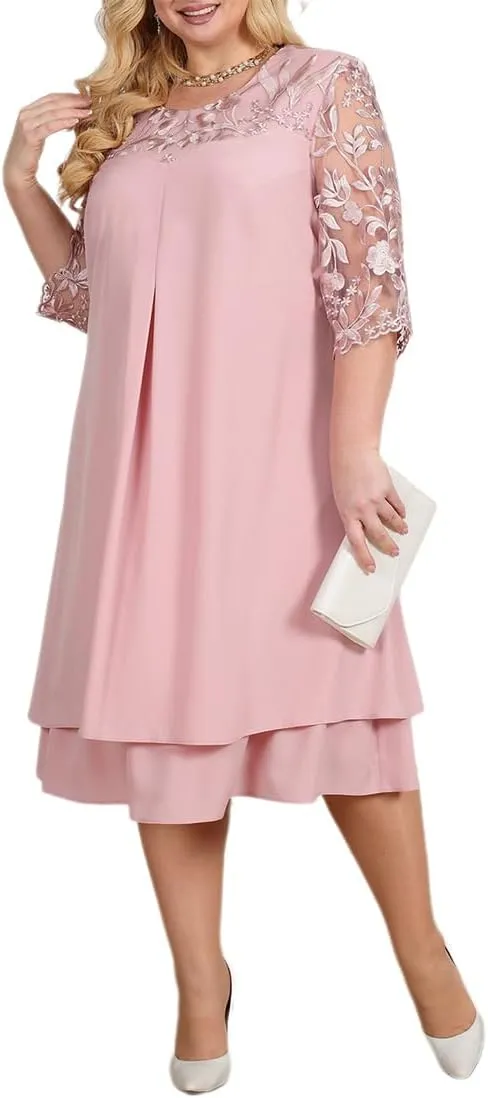 Plus Size Cocktail Dress for Curvy Women 1/2 Sleeve Floral Embroidery Chiffon Wedding Guest Dress