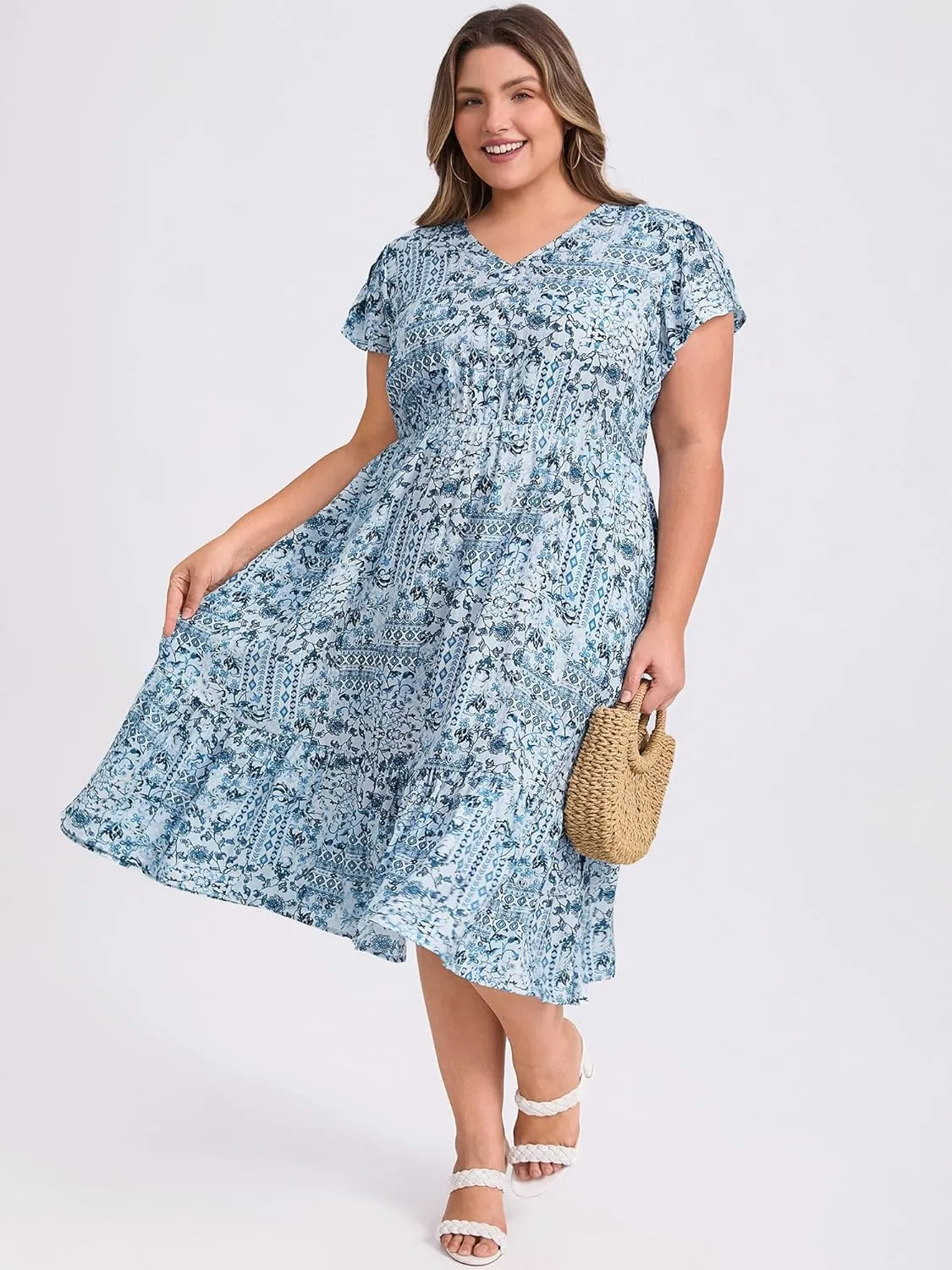 Plus Size Dress for Women Boho Floral Print V Neck Cap Sleeve A Line Flowy Midi Dresses with Pockets