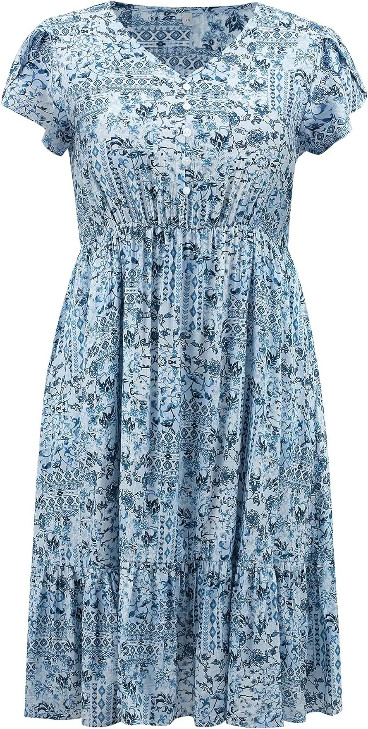 Plus Size Dress for Women Boho Floral Print V Neck Cap Sleeve A Line Flowy Midi Dresses with Pockets