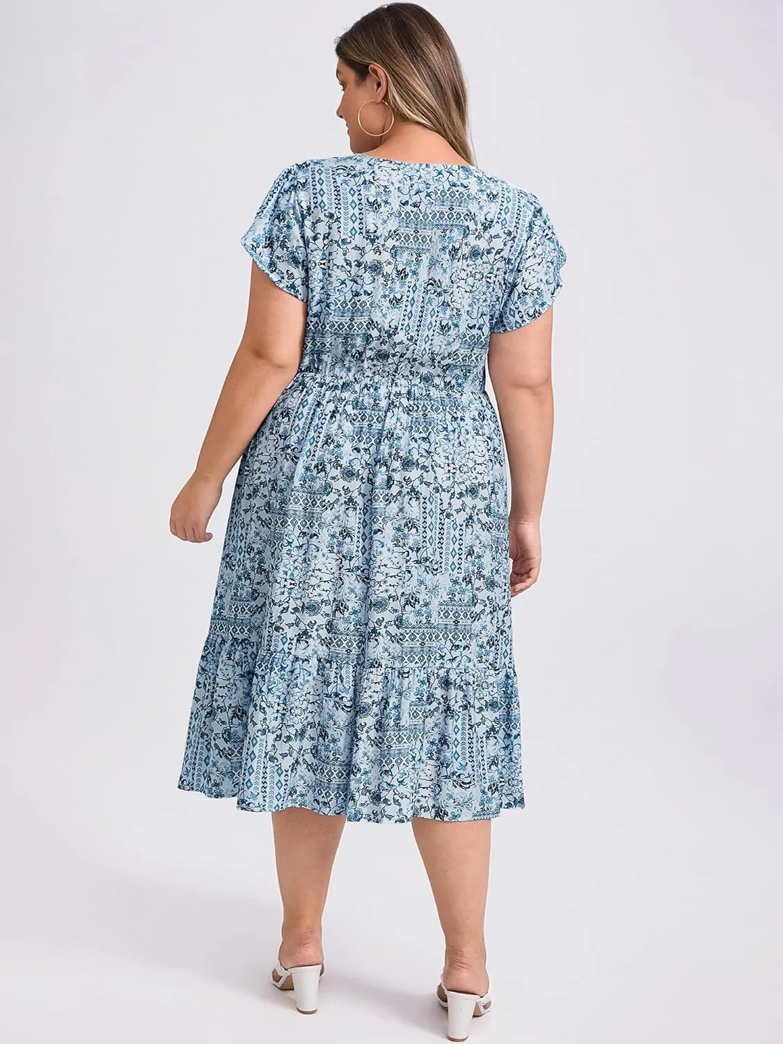 Plus Size Dress for Women Boho Floral Print V Neck Cap Sleeve A Line Flowy Midi Dresses with Pockets