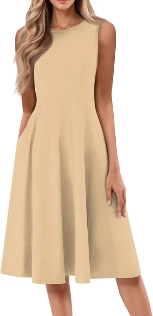 Plus Size Dresses for Curvy Women Summer Midi Sleeveless Pleated Dresses Crew Neck Club A Line Dress with Pocket