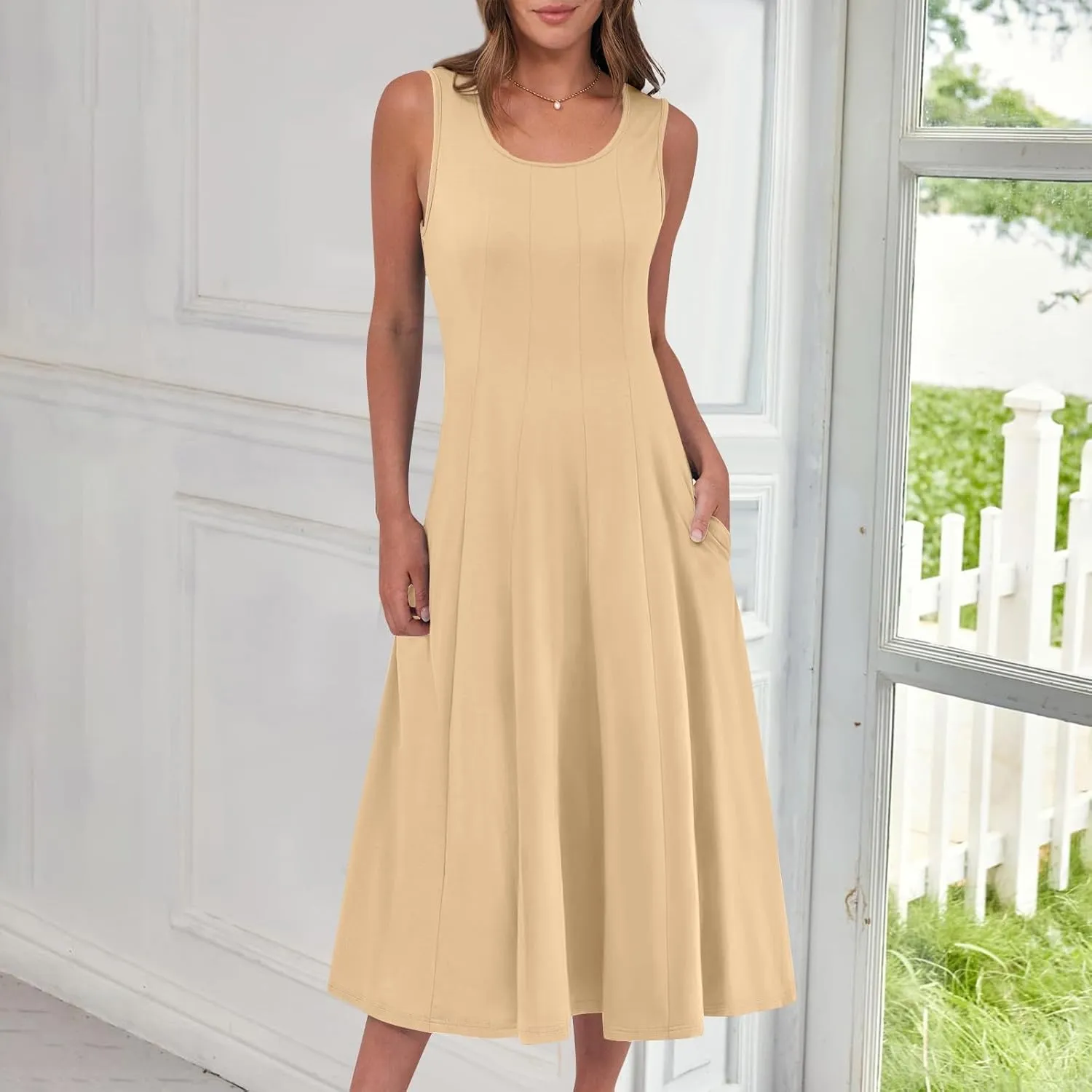 Plus Size Dresses for Curvy Women Summer Midi Sleeveless Pleated Dresses Crew Neck Club A Line Dress with Pocket
