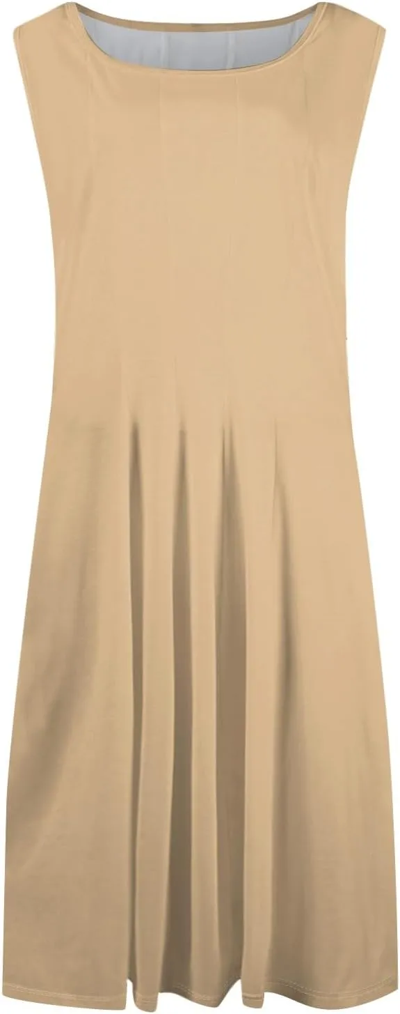 Plus Size Dresses for Curvy Women Summer Midi Sleeveless Pleated Dresses Crew Neck Club A Line Dress with Pocket