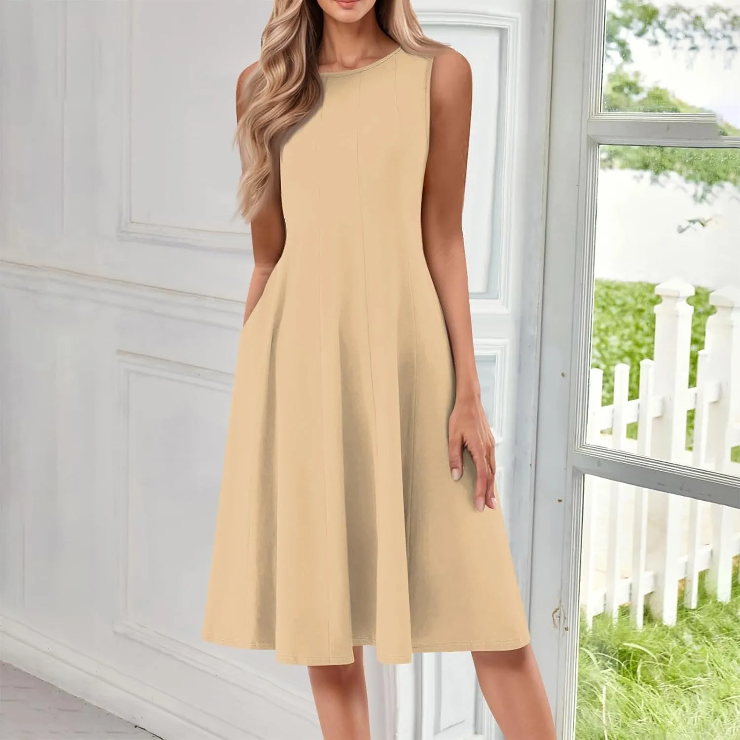 Plus Size Dresses for Curvy Women Summer Midi Sleeveless Pleated Dresses Crew Neck Club A Line Dress with Pocket