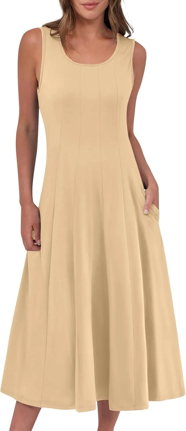 Plus Size Dresses for Curvy Women Summer Midi Sleeveless Pleated Dresses Crew Neck Club A Line Dress with Pocket