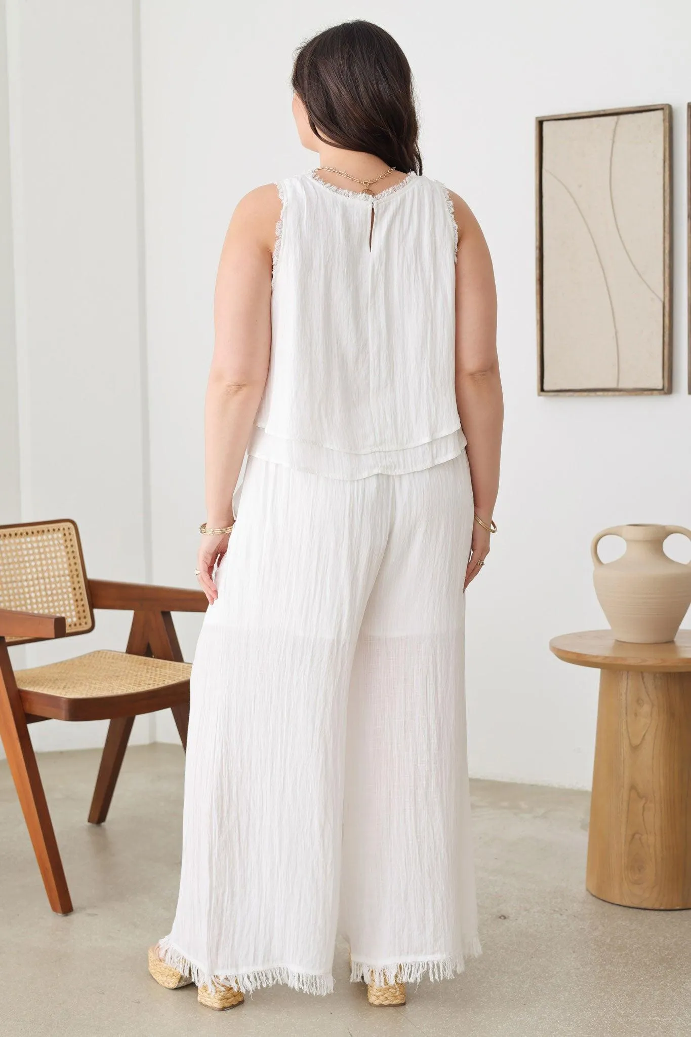 Plus Size Frayed Hem Silhouette Neckline Top & Pants Set