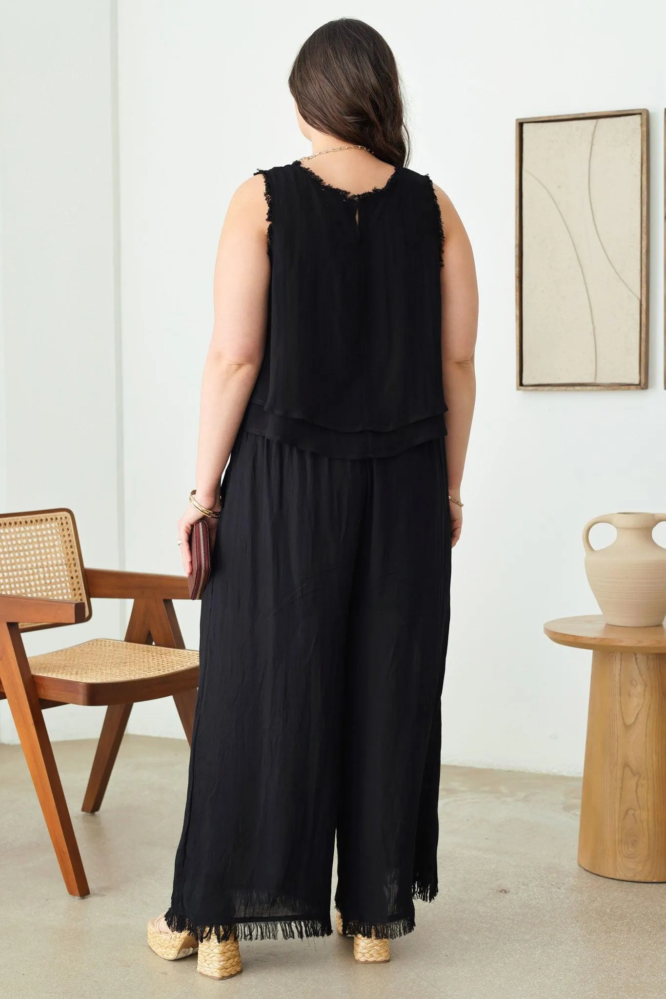 Plus Size Frayed Hem Silhouette Neckline Top & Pants Set