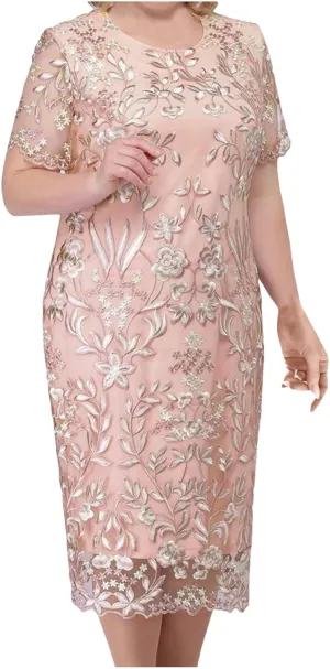 Plus Size Women Elegant Mother of The Bride Dress Floral Embroidery Midi Dress Formal Evening Gowns Party Dresses