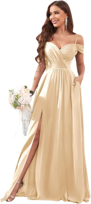POMUYOO Womens Off Shoulder Bridesmaid Dresses with Pockets Long Spaghetti Straps Pleats Formal Dress with Slit YG252