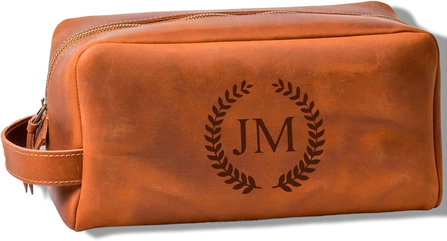 Premium Hand Crafted Leather Toiletry Bag for Men, Personalized Shaving Kit Travel Pouch with Monogram Engraving, Ideal Gift for Fathers Day, Dad, Grandpa, Boyfriend, Groomsmen (01)