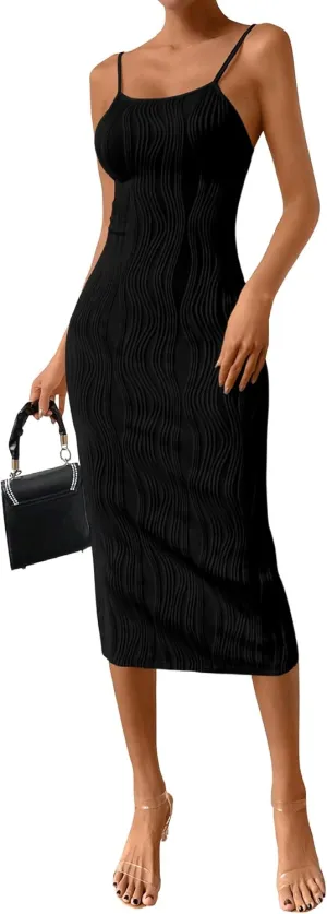 PRETTYGARDEN Women's 2025 Summer Sleeveless Bodycon Dress Textured Back Slit Sexy Cocktail Party Midi Dresses
