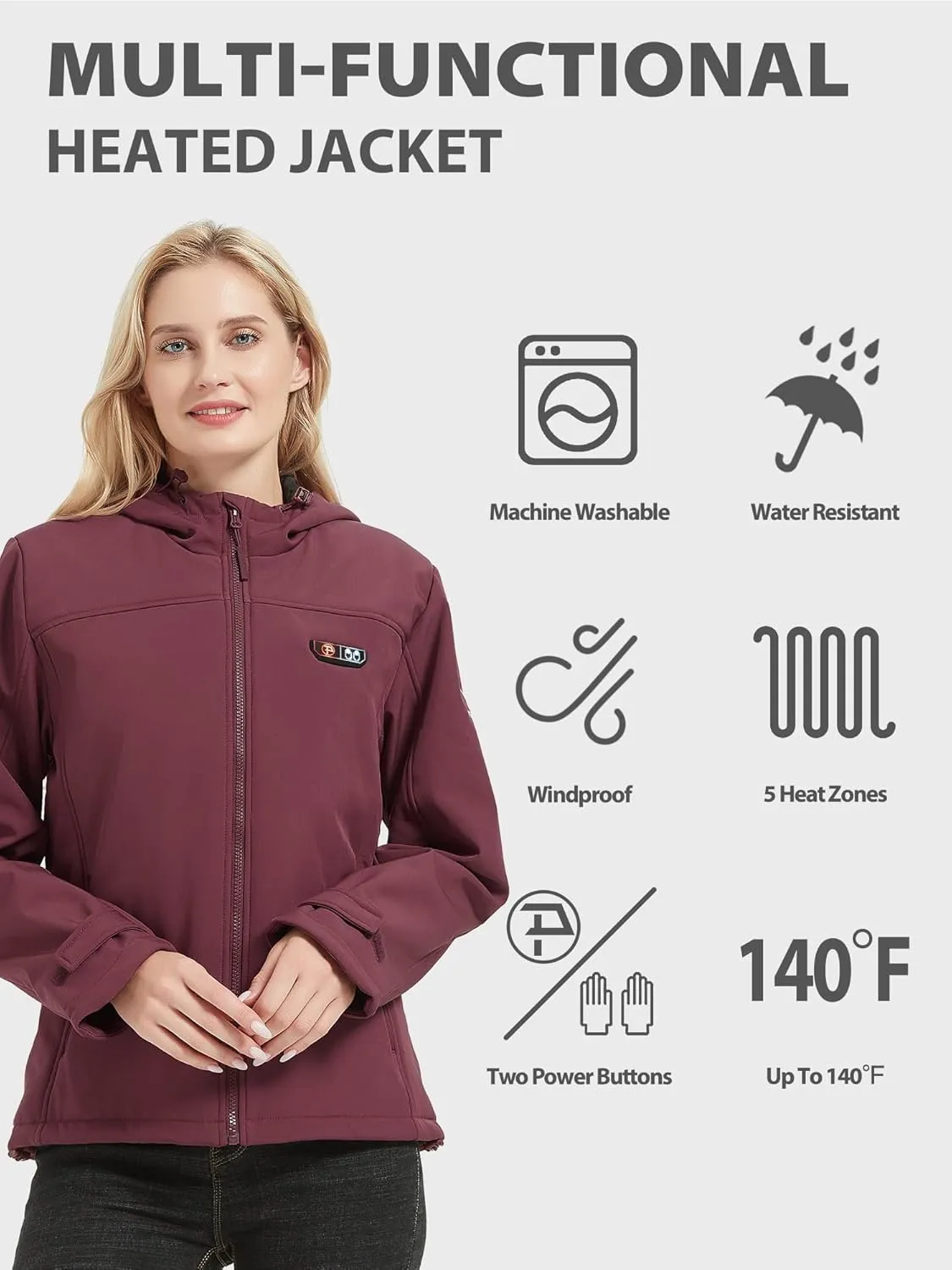 PTAHDUS Women's Heated Jackets 5 Heat Zones Battery Pack Included, with Hand Warmer Pocket