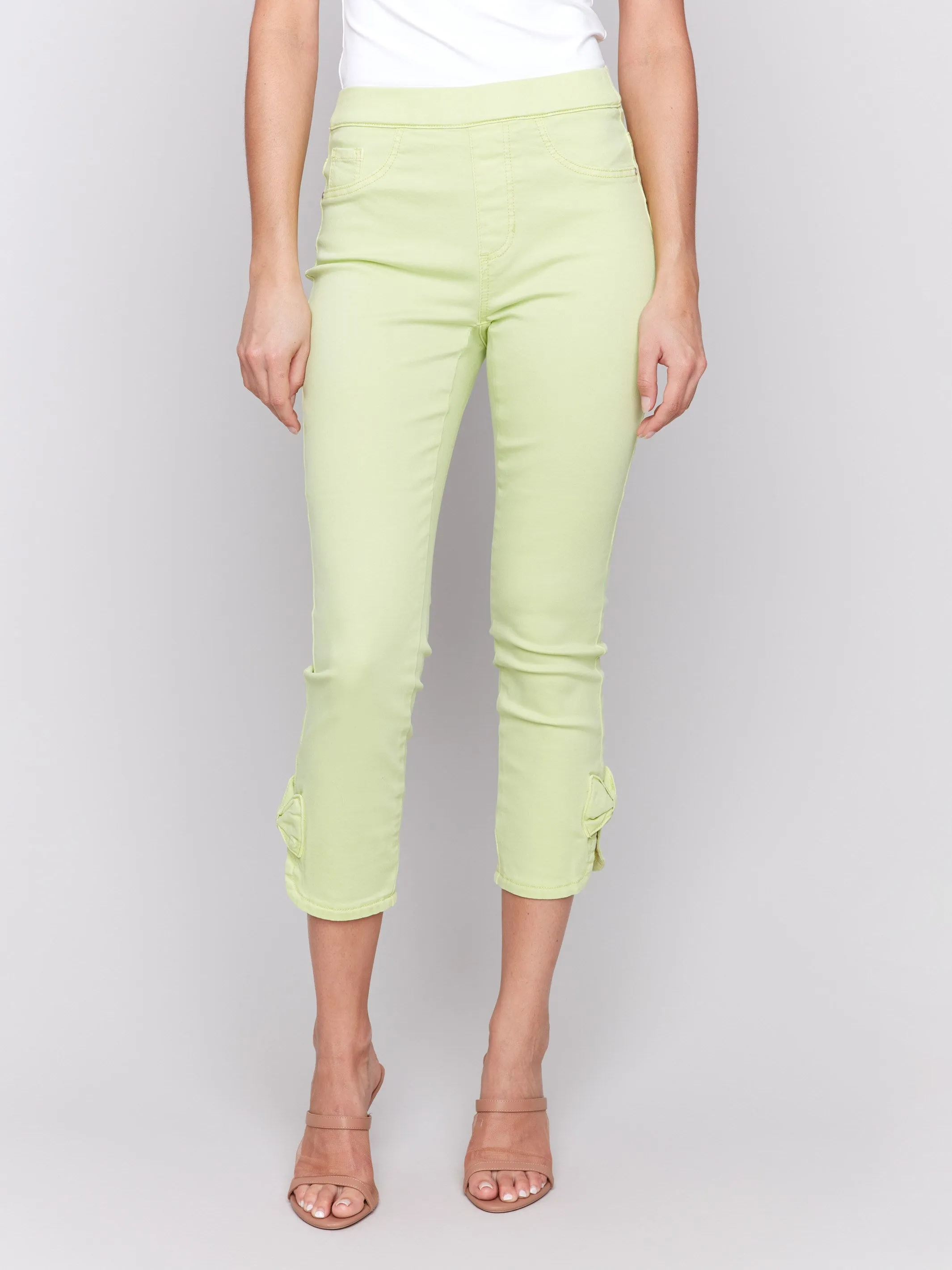 Pull-On Twill Pants with Bow Detail - Keylime
