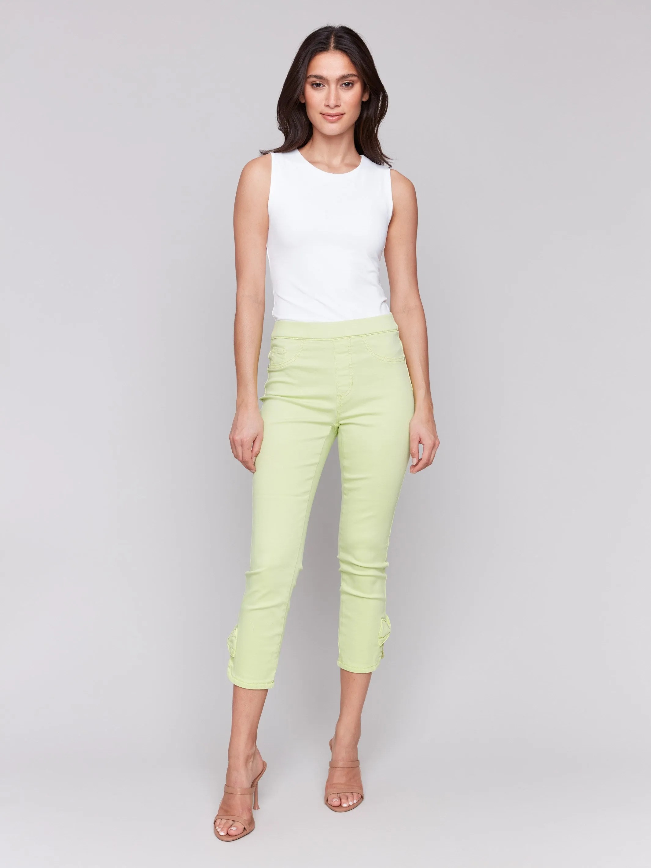 Pull-On Twill Pants with Bow Detail - Keylime