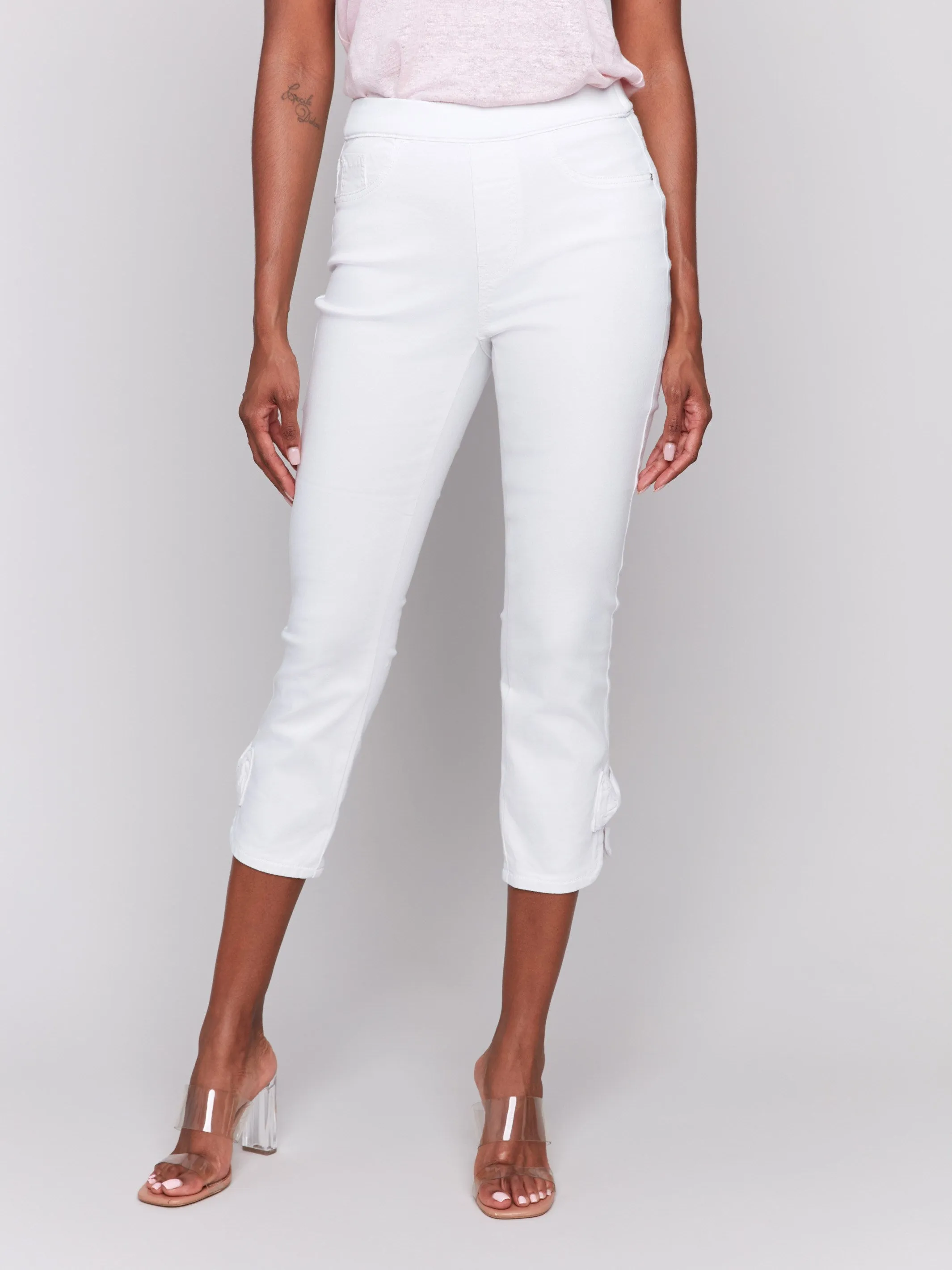 Pull-On Twill Pants with Bow Detail - White