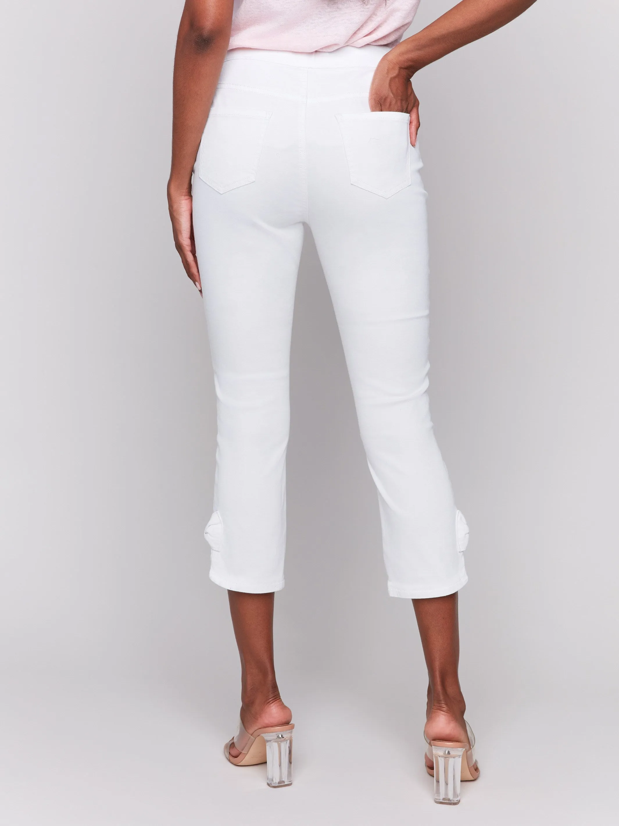 Pull-On Twill Pants with Bow Detail - White