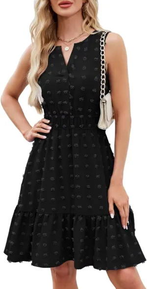 QACOHU 2025 Women Summer Short Dress Sleeveless V Neck Swiss Dot A Line Swing Mini Sundress for Women