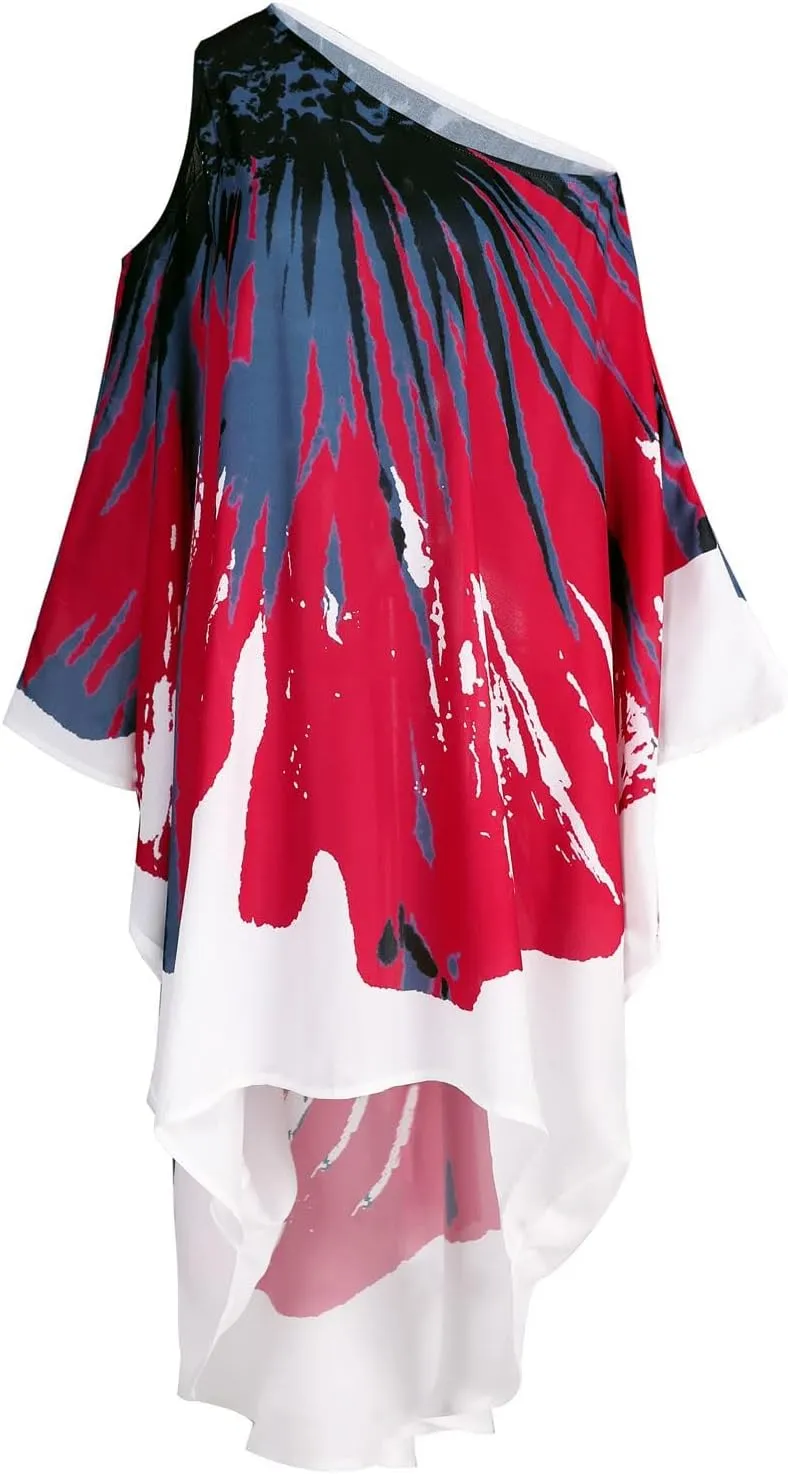 QPQ Womens Cold Shoulder Kaftan Dresses Plus Size Cover Up Tshirt Maxi Beach Boho Swing Dress