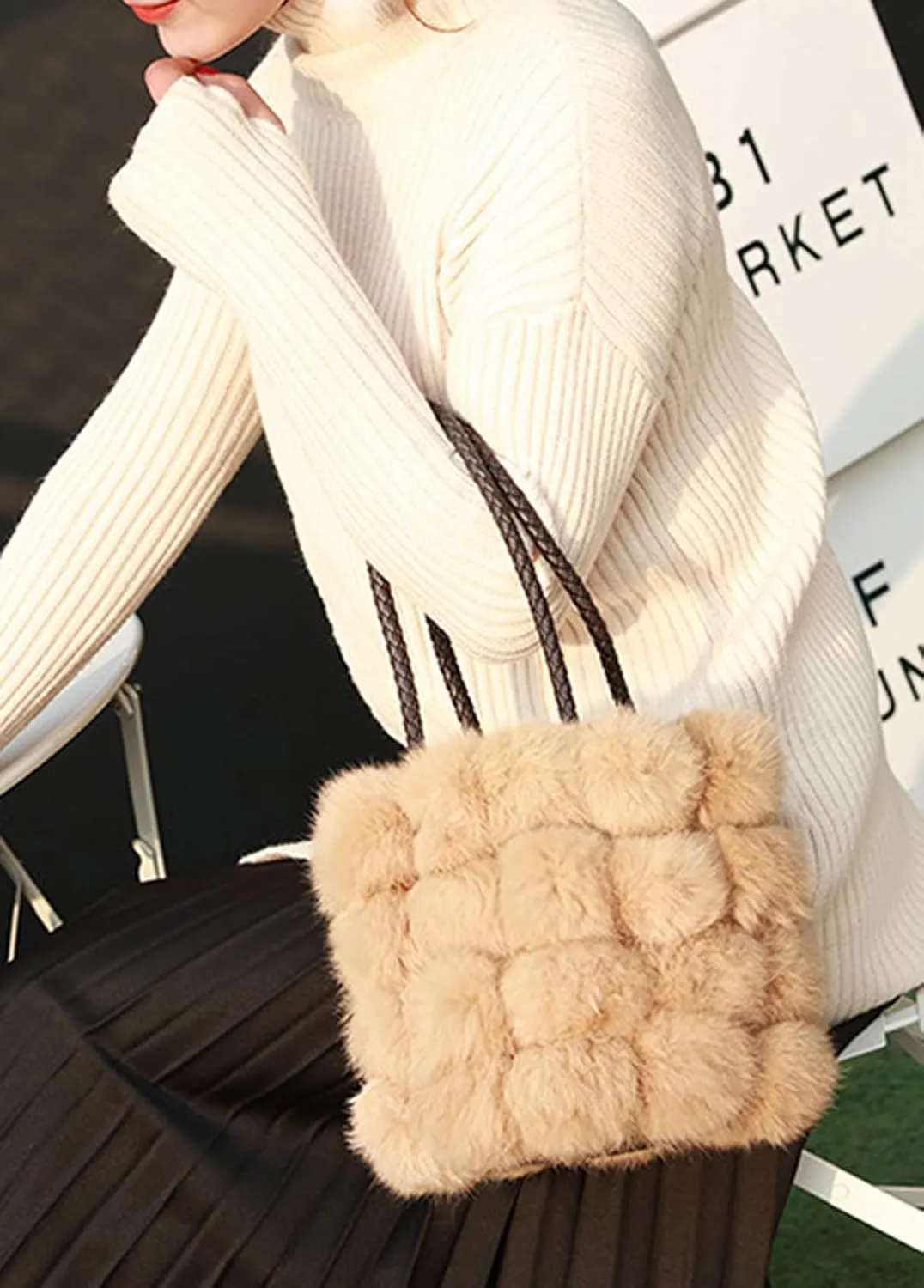 QZUnique Plush Bucket Handbag Faux Fur Drawstring Fluffy Crossbody Bag Handle Shoulder Tote Bag