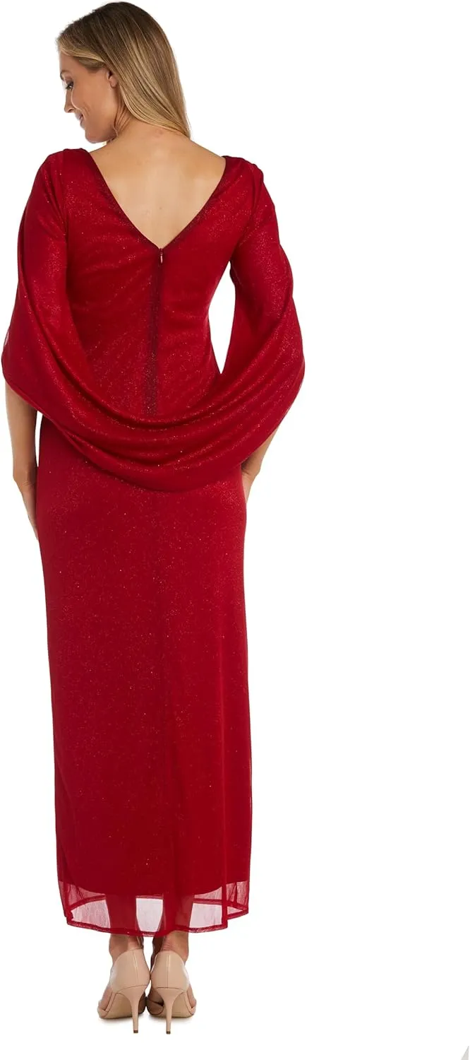 R&M Richards Glitter Chiffon Dress W/Draped Back & Cape Sleeves