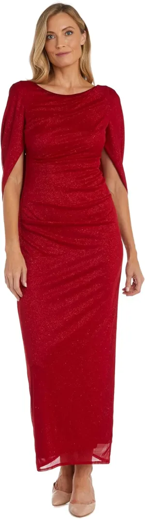 R&M Richards Glitter Chiffon Dress W/Draped Back & Cape Sleeves
