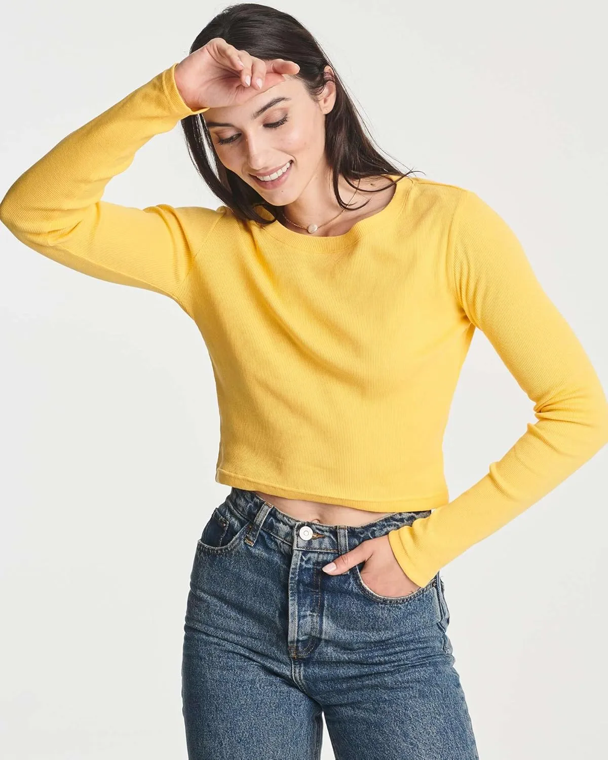 Real Essentials 4-Pack: Women's Long Sleeve Ribbed Knit Cotton Crew Neck Crop Top Shirt - (Available in Plus)