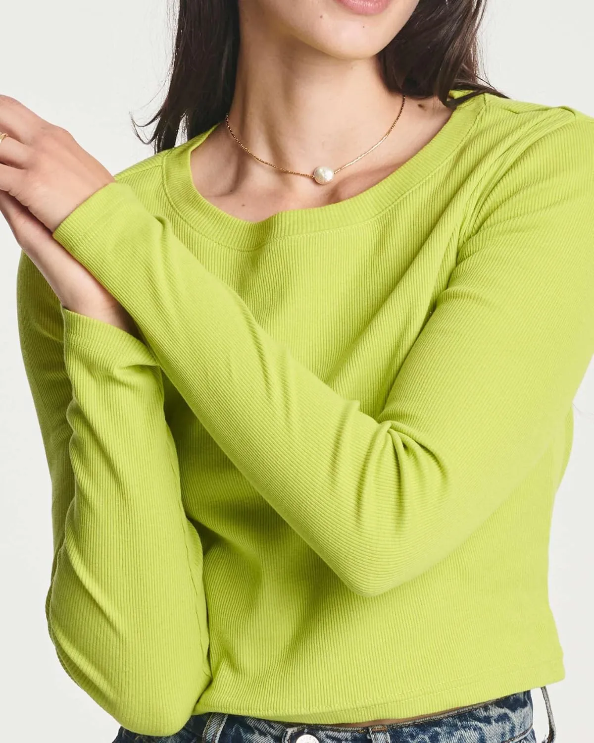 Real Essentials 4-Pack: Women's Long Sleeve Ribbed Knit Cotton Crew Neck Crop Top Shirt - (Available in Plus)