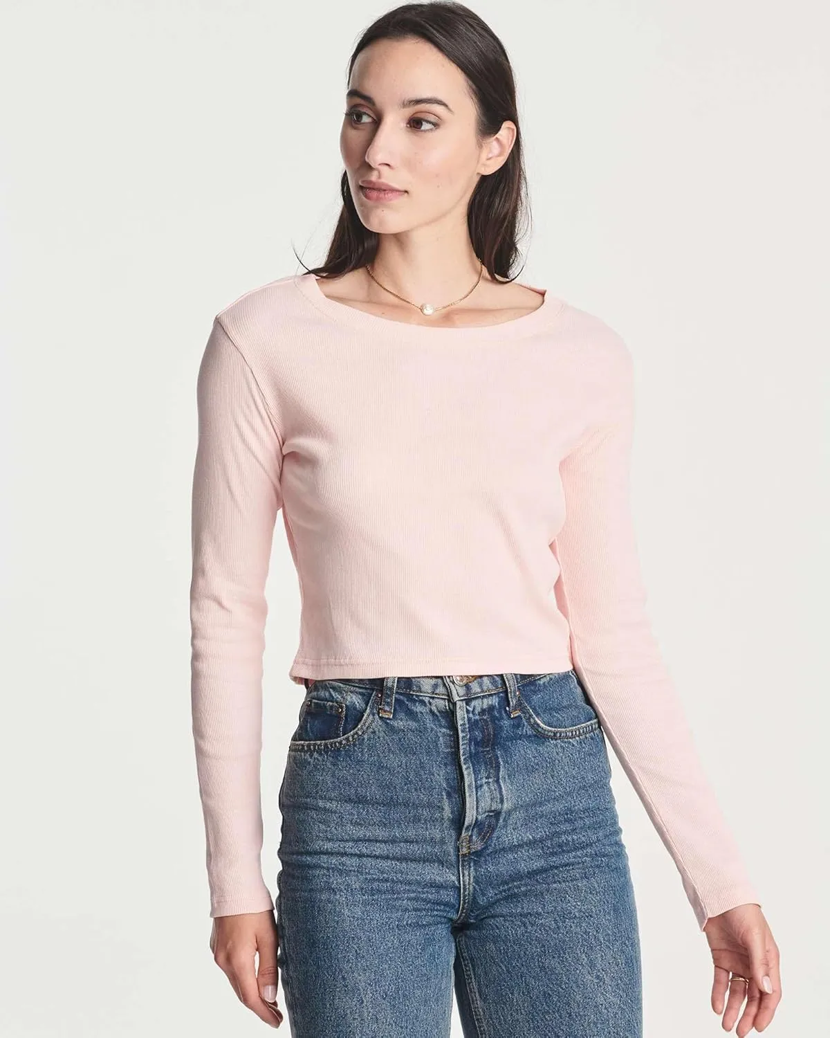 Real Essentials 4-Pack: Women's Long Sleeve Ribbed Knit Cotton Crew Neck Crop Top Shirt - (Available in Plus)
