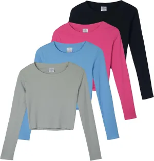 Real Essentials 4-Pack: Women's Long Sleeve Ribbed Knit Cotton Crew Neck Crop Top Shirt - (Available in Plus)