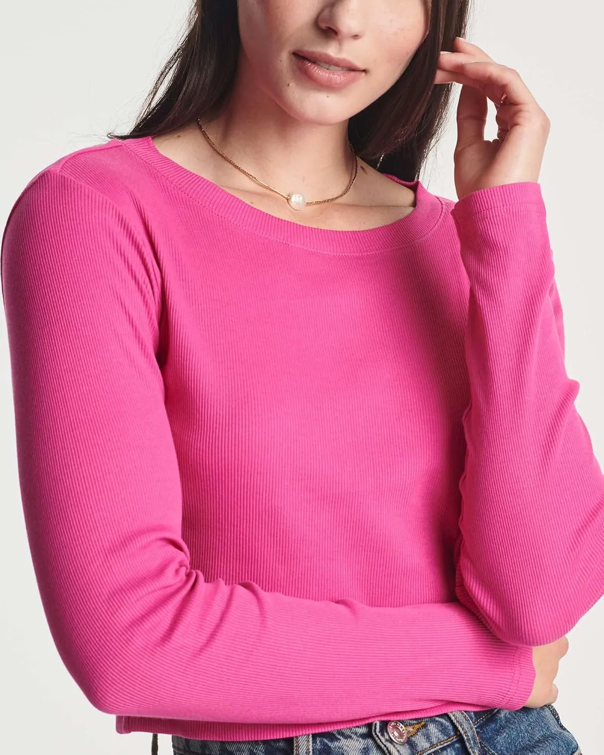 Real Essentials 4-Pack: Women's Long Sleeve Ribbed Knit Cotton Crew Neck Crop Top Shirt - (Available in Plus)