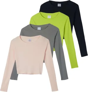 Real Essentials 4-Pack: Women's Long Sleeve Ribbed Knit Cotton Crew Neck Crop Top Shirt - (Available in Plus)