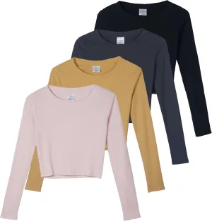 Real Essentials 4-Pack: Women's Long Sleeve Ribbed Knit Cotton Crew Neck Crop Top Shirt - (Available in Plus)