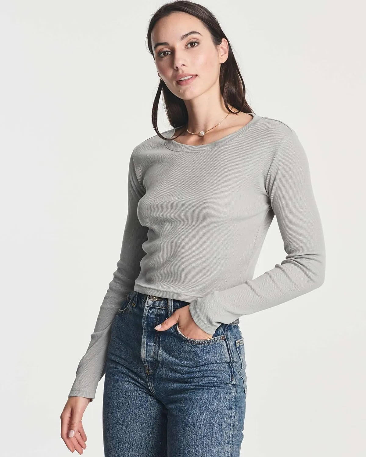 Real Essentials 4-Pack: Women's Long Sleeve Ribbed Knit Cotton Crew Neck Crop Top Shirt - (Available in Plus)