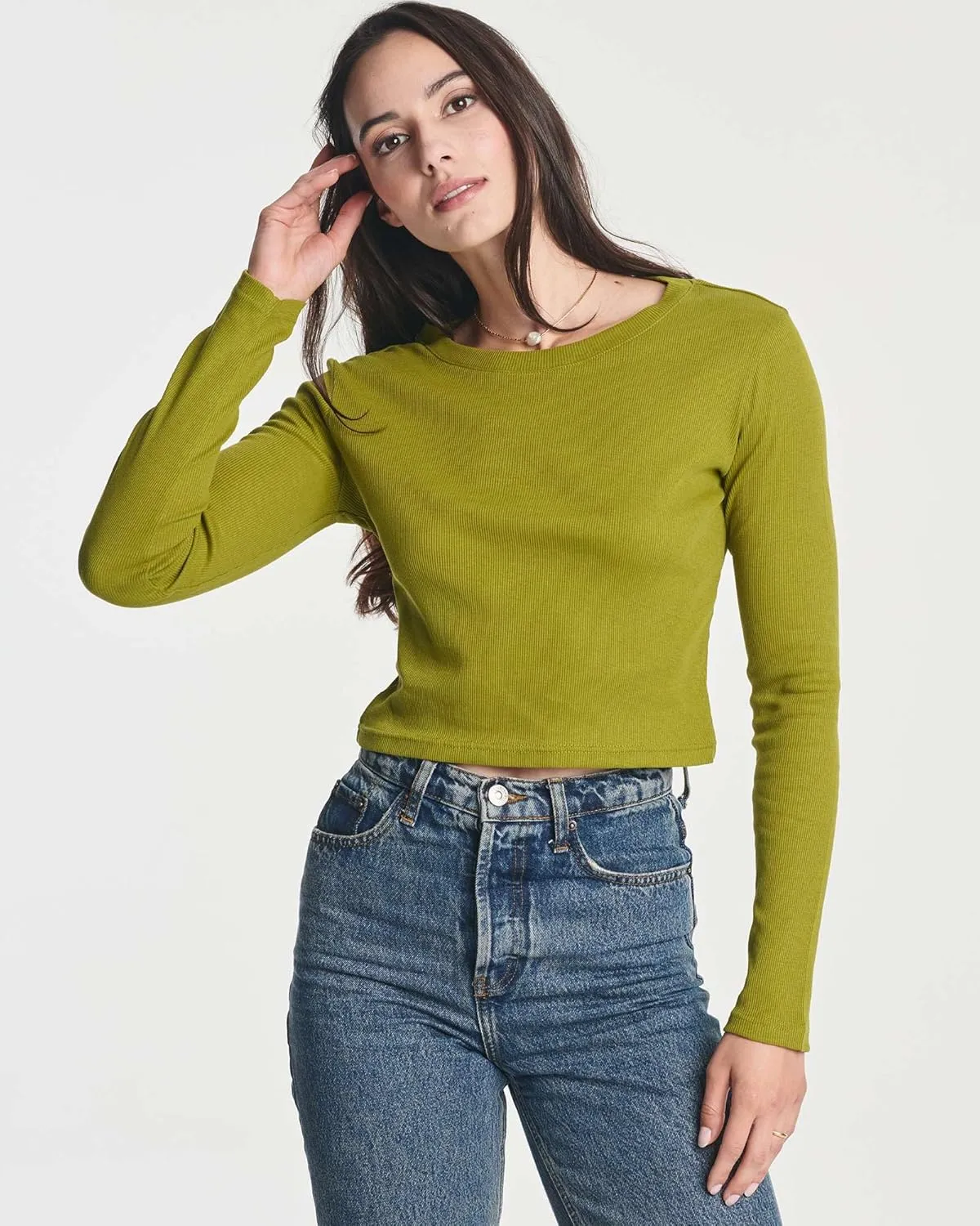 Real Essentials 4-Pack: Women's Long Sleeve Ribbed Knit Cotton Crew Neck Crop Top Shirt - (Available in Plus)