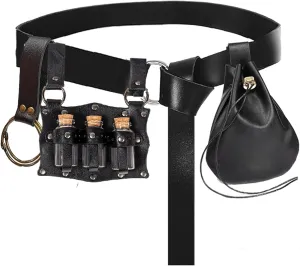 Renaissance Costume Accessories Belt Pouch Potion Bottles Leather Holder Medieval Festival Halloween Costume Belt Waist Set (Black)