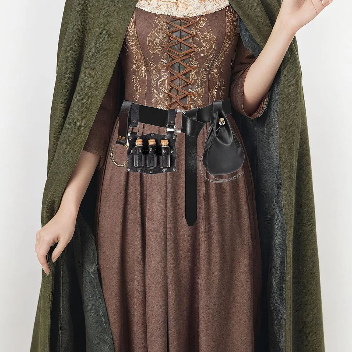 Renaissance Costume Accessories Belt Pouch Potion Bottles Leather Holder Medieval Festival Halloween Costume Belt Waist Set (Black)