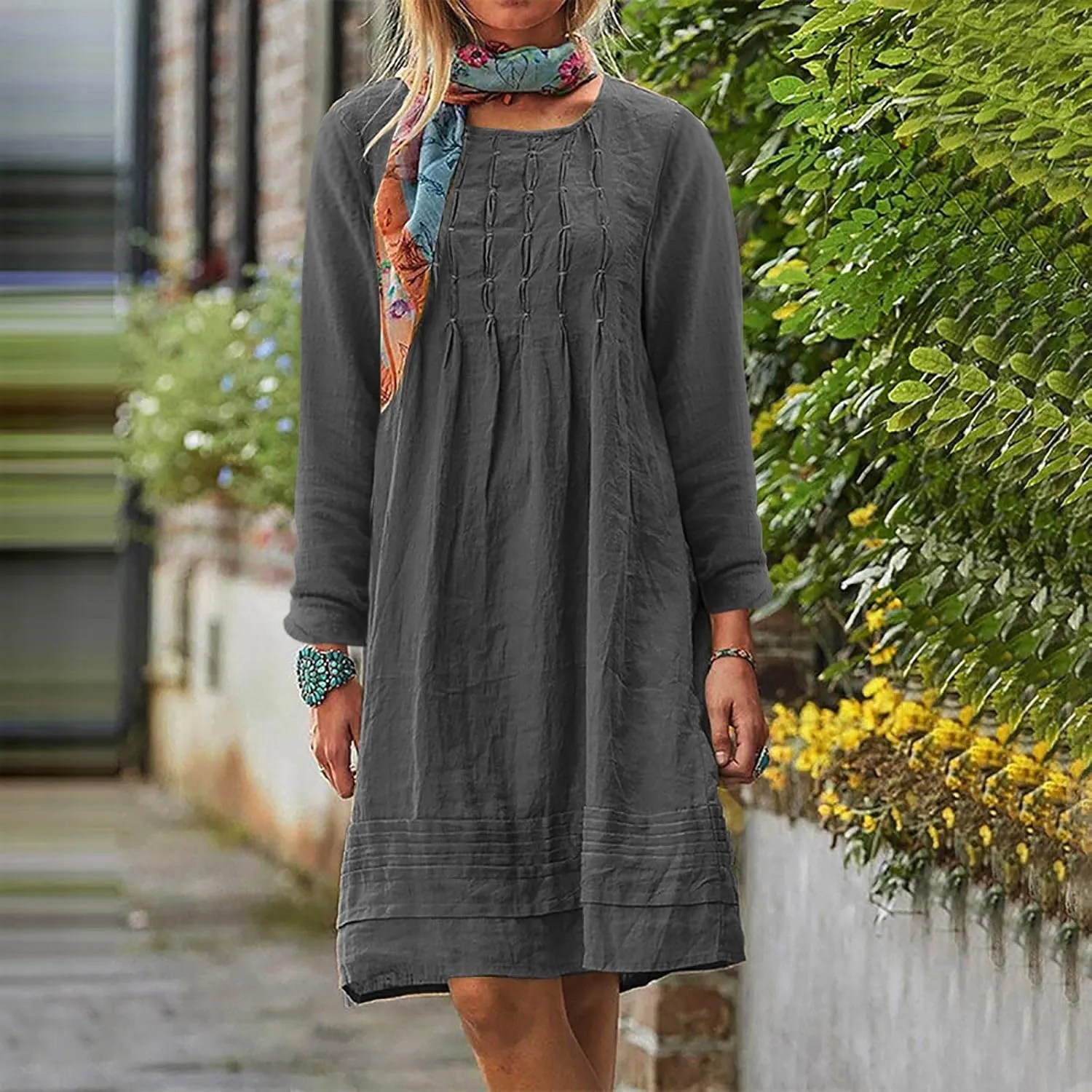 RKSTN Fall Dresses for Women 2025 Casual Cotton Linen Tshirt Dress Long Sleeve Pleated Solid Plus Size Midi Dress