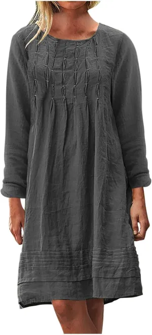RKSTN Fall Dresses for Women 2025 Casual Cotton Linen Tshirt Dress Long Sleeve Pleated Solid Plus Size Midi Dress