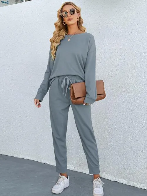 Round Neck Top and Drawstring Pants Set