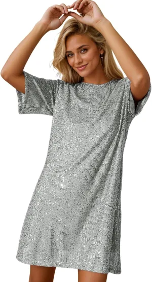 R.Vivimos Women's Loose Party Sparkly Sequin Dress Short Sleeve Back Button Crew Neck Glitter Mini Shift Dress Clubwear