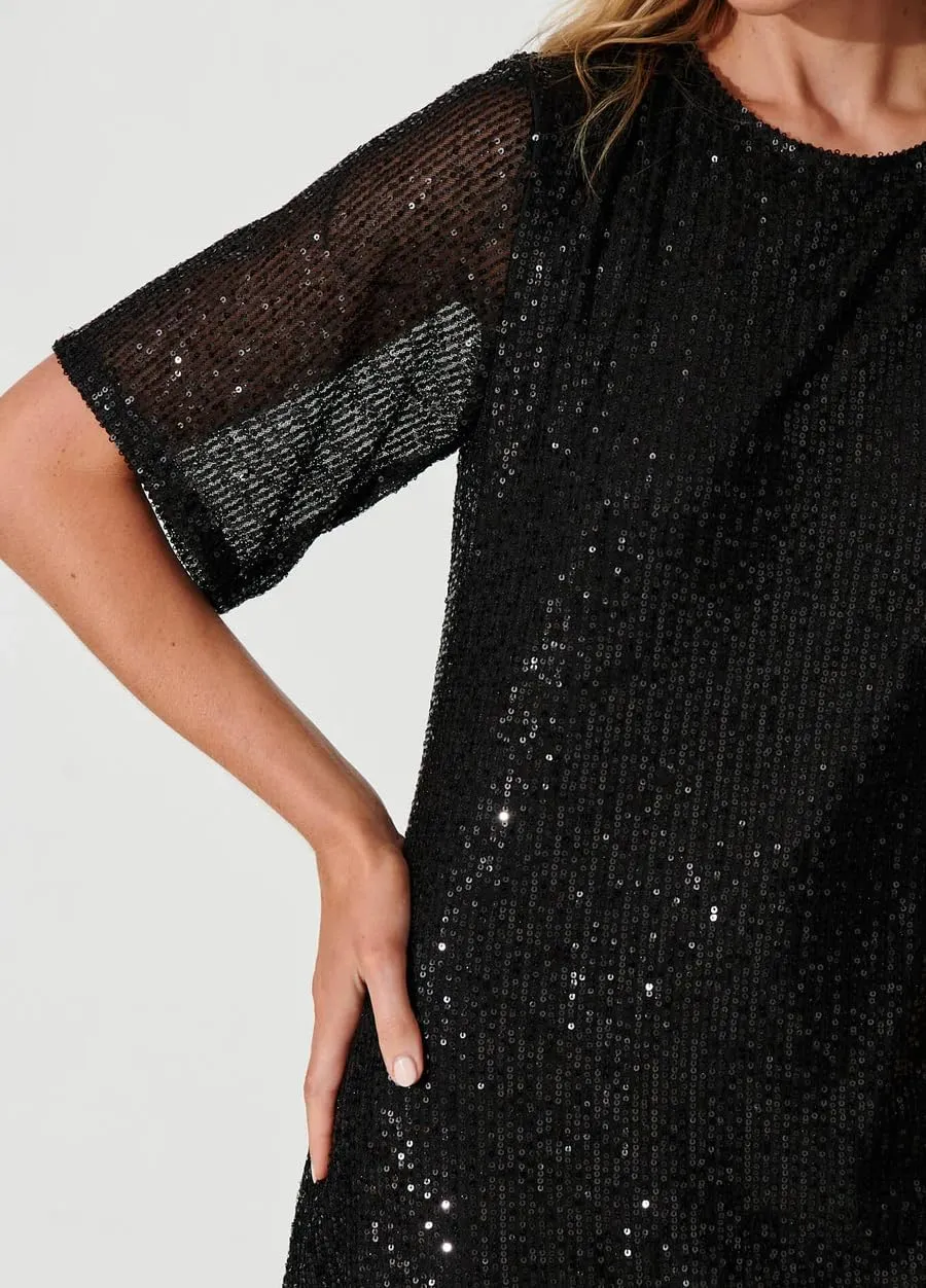 R.Vivimos Women's Loose Party Sparkly Sequin Dress Short Sleeve Back Button Crew Neck Glitter Mini Shift Dress Clubwear