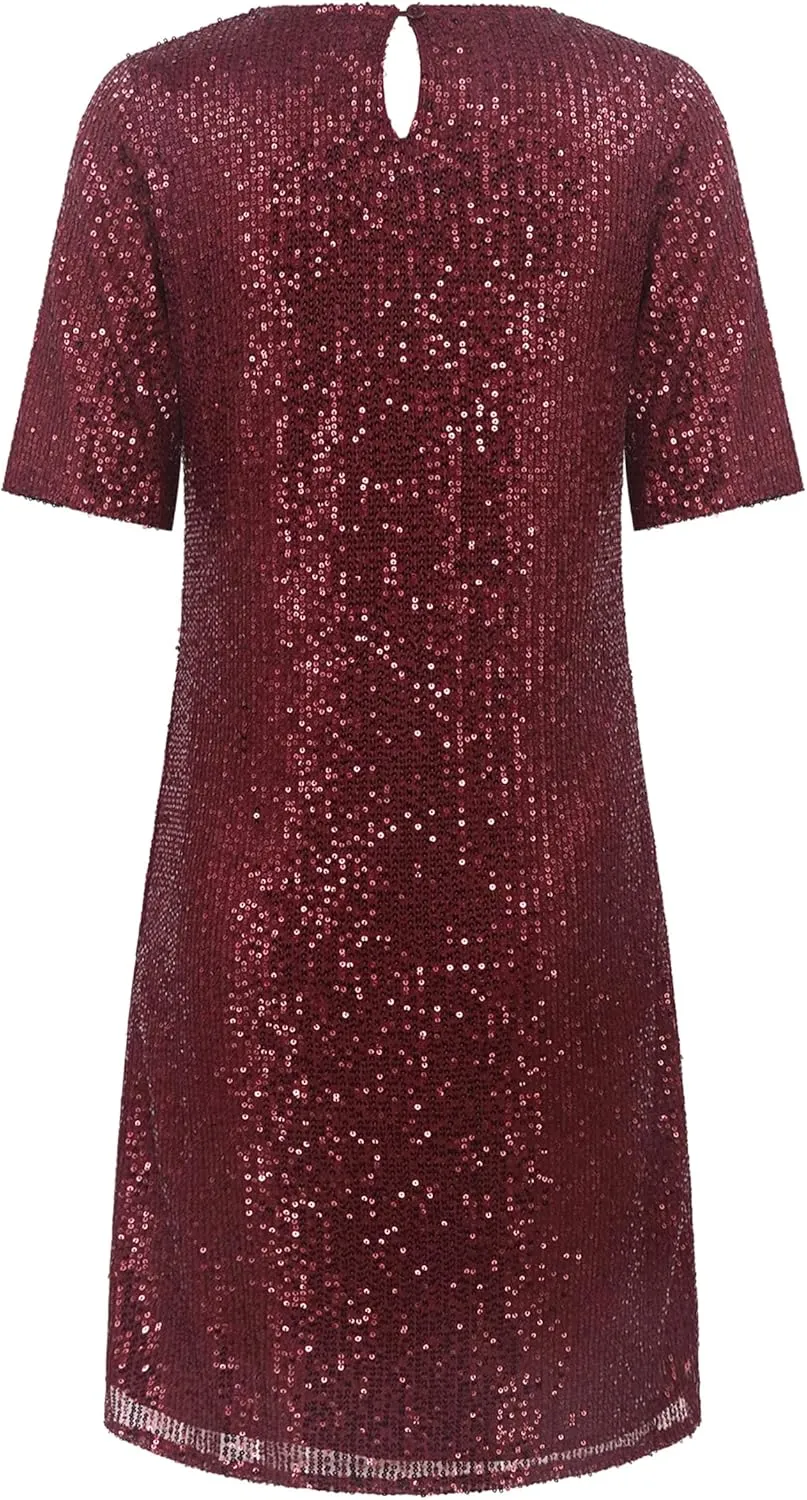 R.Vivimos Women's Loose Party Sparkly Sequin Dress Short Sleeve Back Button Crew Neck Glitter Mini Shift Dress Clubwear