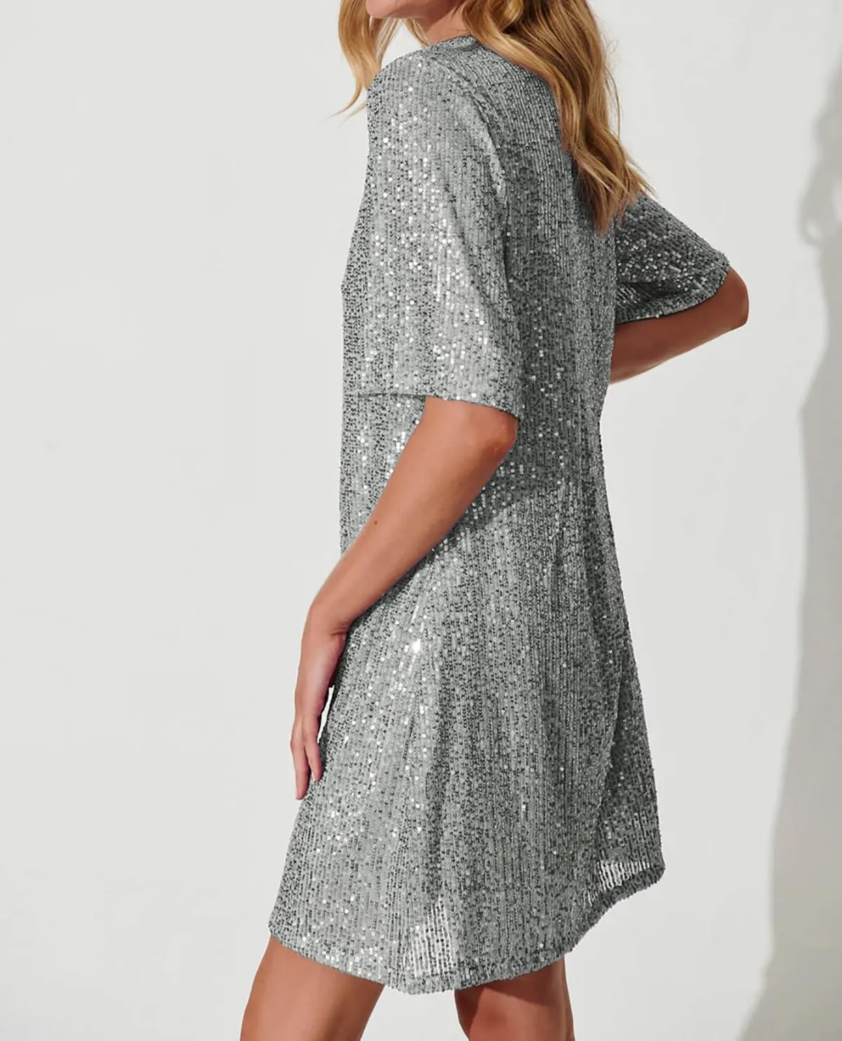 R.Vivimos Women's Loose Party Sparkly Sequin Dress Short Sleeve Back Button Crew Neck Glitter Mini Shift Dress Clubwear