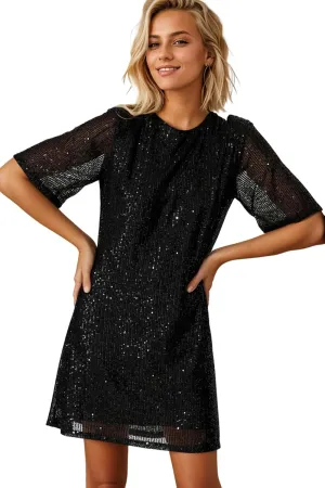 R.Vivimos Women's Loose Party Sparkly Sequin Dress Short Sleeve Back Button Crew Neck Glitter Mini Shift Dress Clubwear