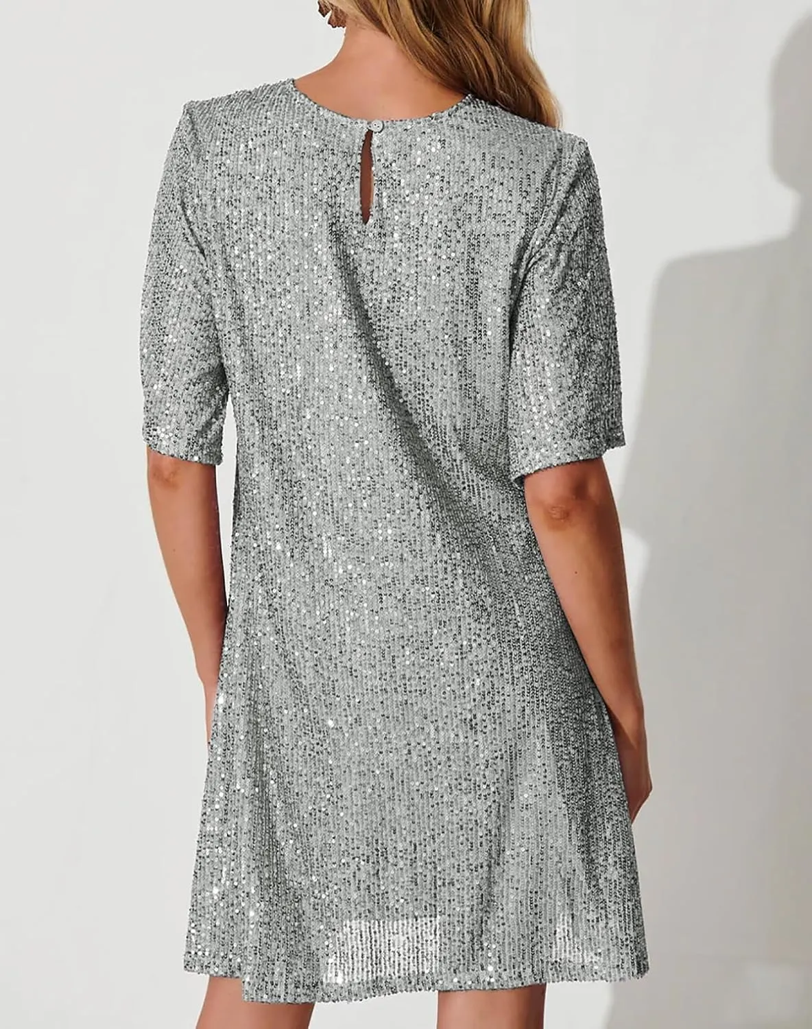 R.Vivimos Women's Loose Party Sparkly Sequin Dress Short Sleeve Back Button Crew Neck Glitter Mini Shift Dress Clubwear