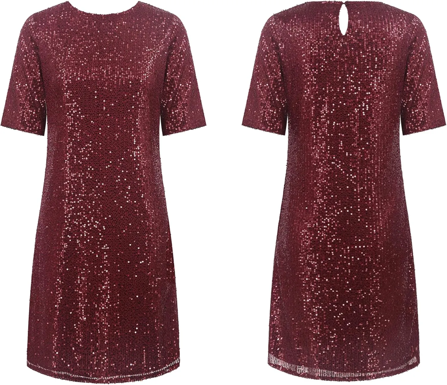 R.Vivimos Women's Loose Party Sparkly Sequin Dress Short Sleeve Back Button Crew Neck Glitter Mini Shift Dress Clubwear