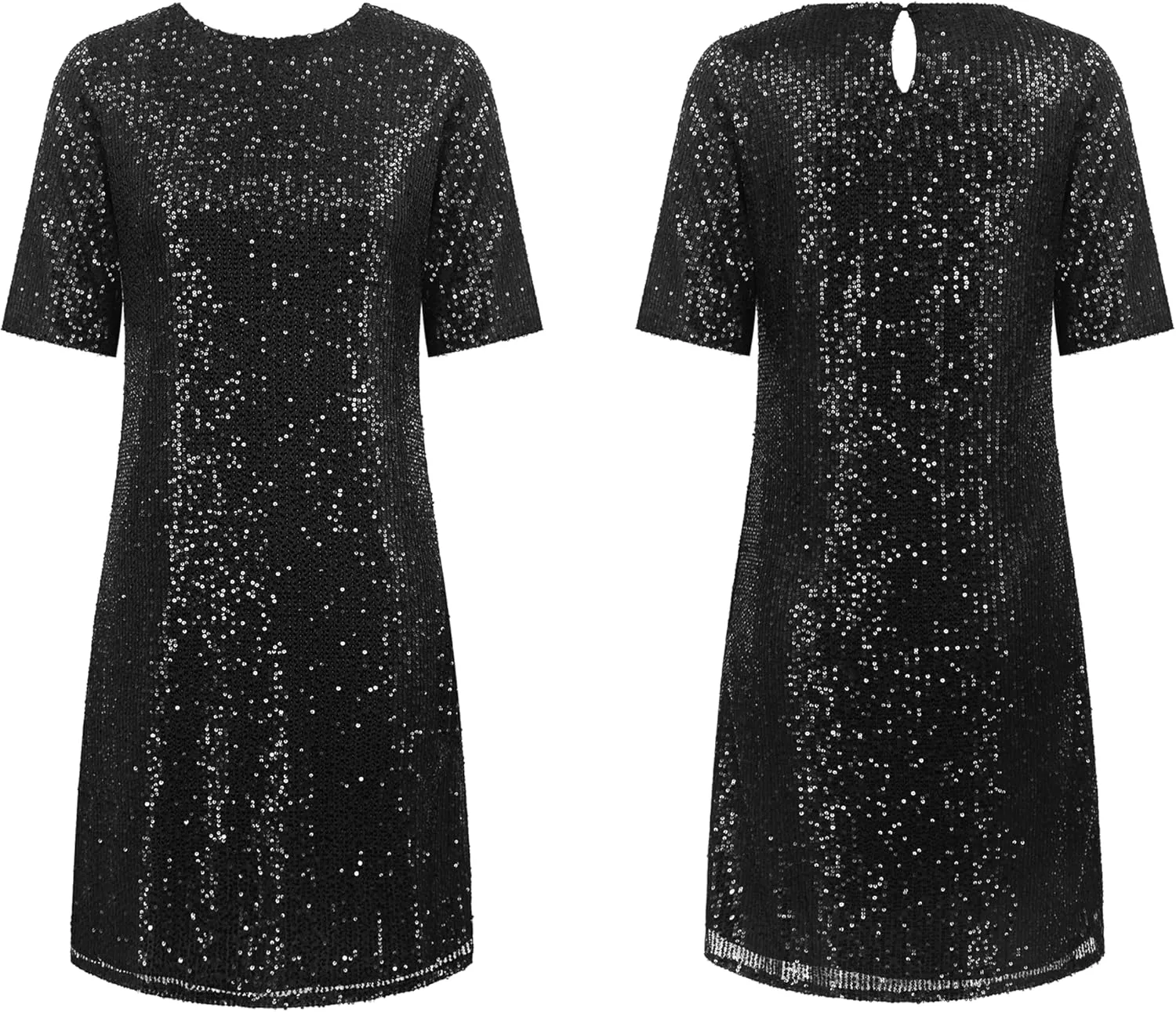 R.Vivimos Women's Loose Party Sparkly Sequin Dress Short Sleeve Back Button Crew Neck Glitter Mini Shift Dress Clubwear