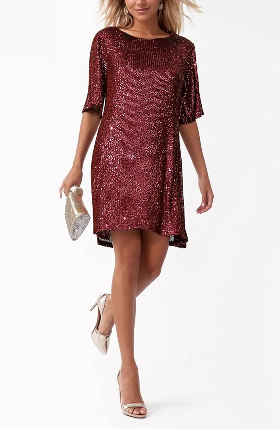 R.Vivimos Women's Loose Party Sparkly Sequin Dress Short Sleeve Back Button Crew Neck Glitter Mini Shift Dress Clubwear